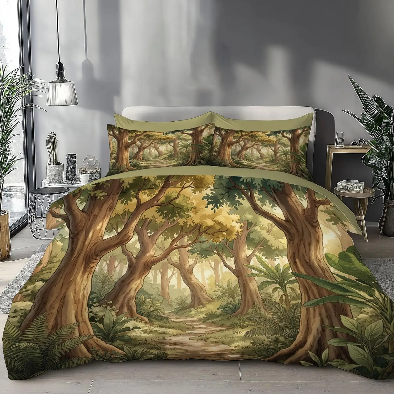 Retro Watercolor Forest King Size Duvet Cover Set Reversible Anime Style Landscape Bedding With 2 Pillowcases