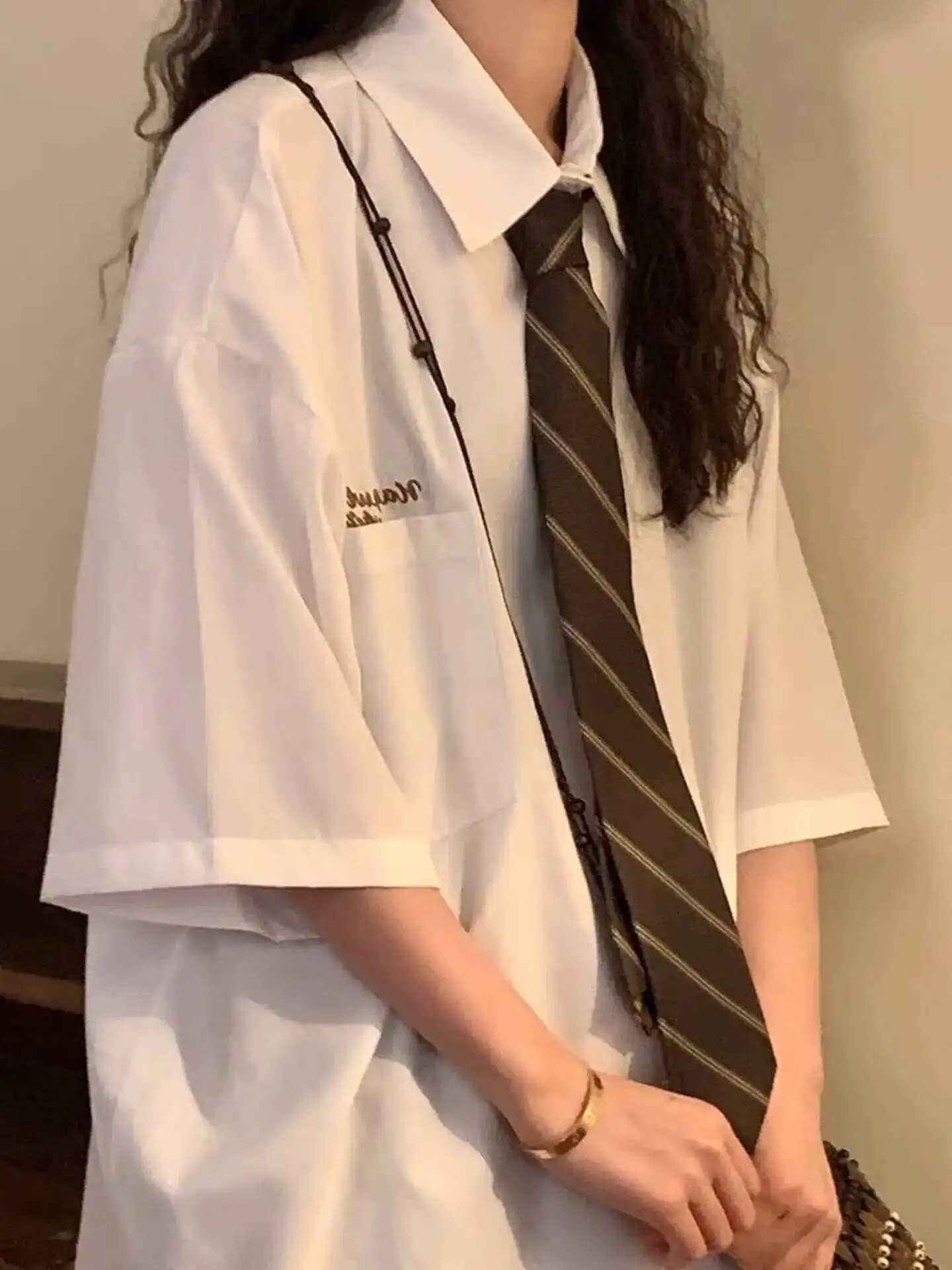 

2025 Summer Preppy Style Half Sleeve Women Shirts Solid Color Tie Women Shirt Minimalist Button Up Oversize Tops Female Clothing