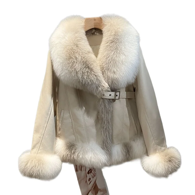 

2025 new leather down jacket goose down jacket fur integrated fox fur leather jacket women's sheepskin short coat