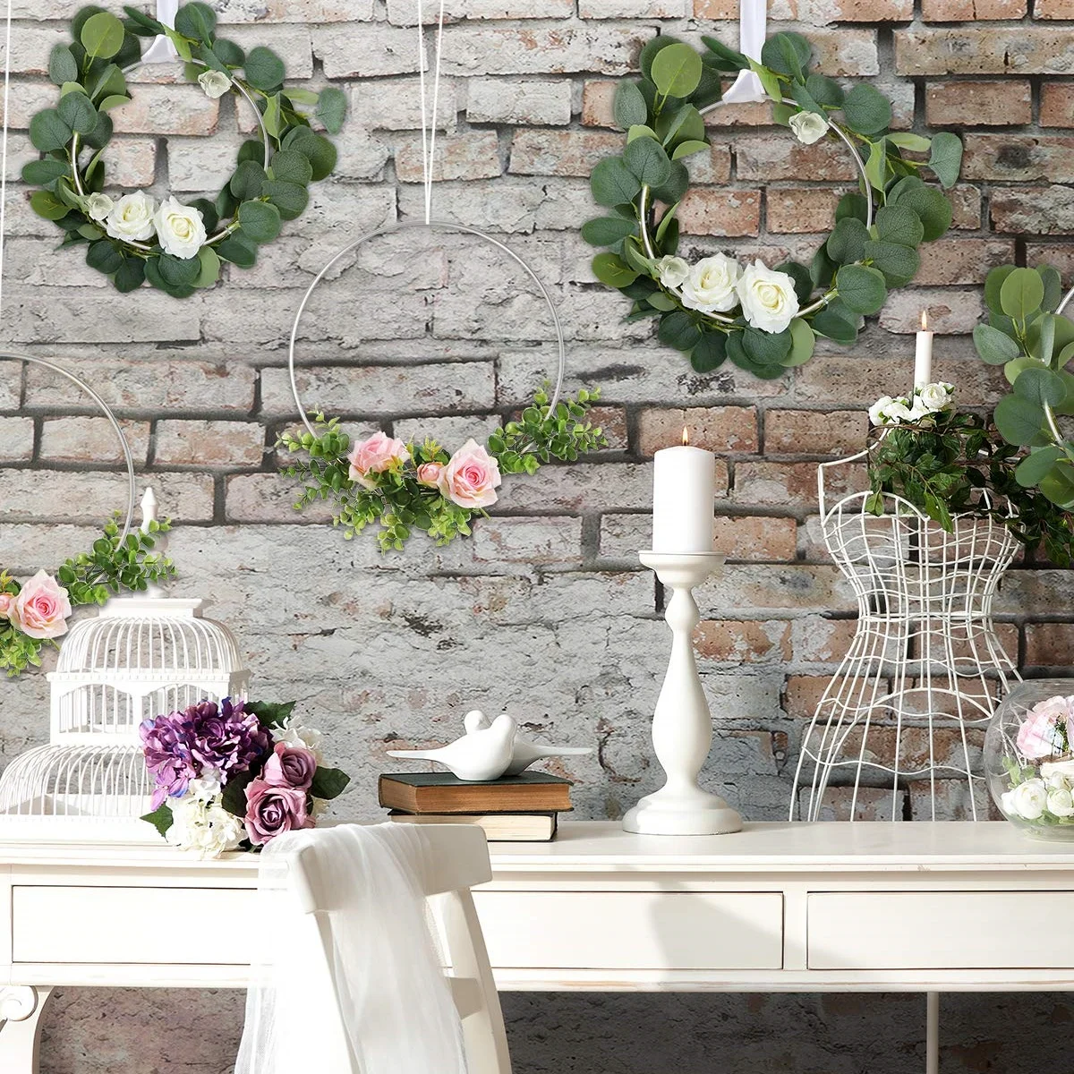 6PCS Metal Floral Hoop Centerpiece Silver Stand Wreath Macrame Rings Decorations DIY Wedding Party Table Dream Catcher Crafts