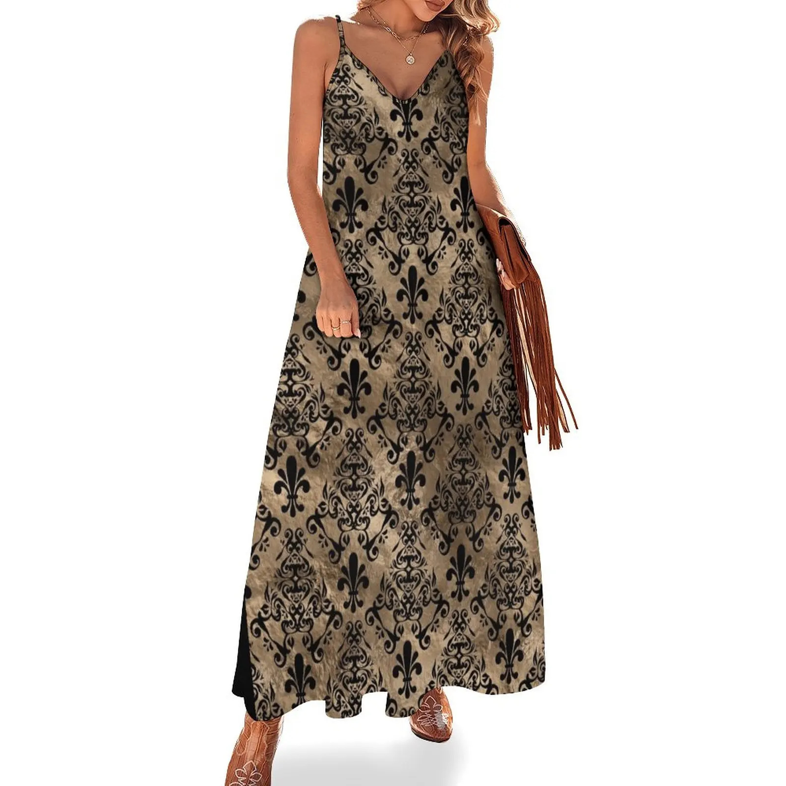Fleur-de-lis pattern black on gold Sleeveless Dress Long dresses fairy dress african dresses for woman Clothing Dress