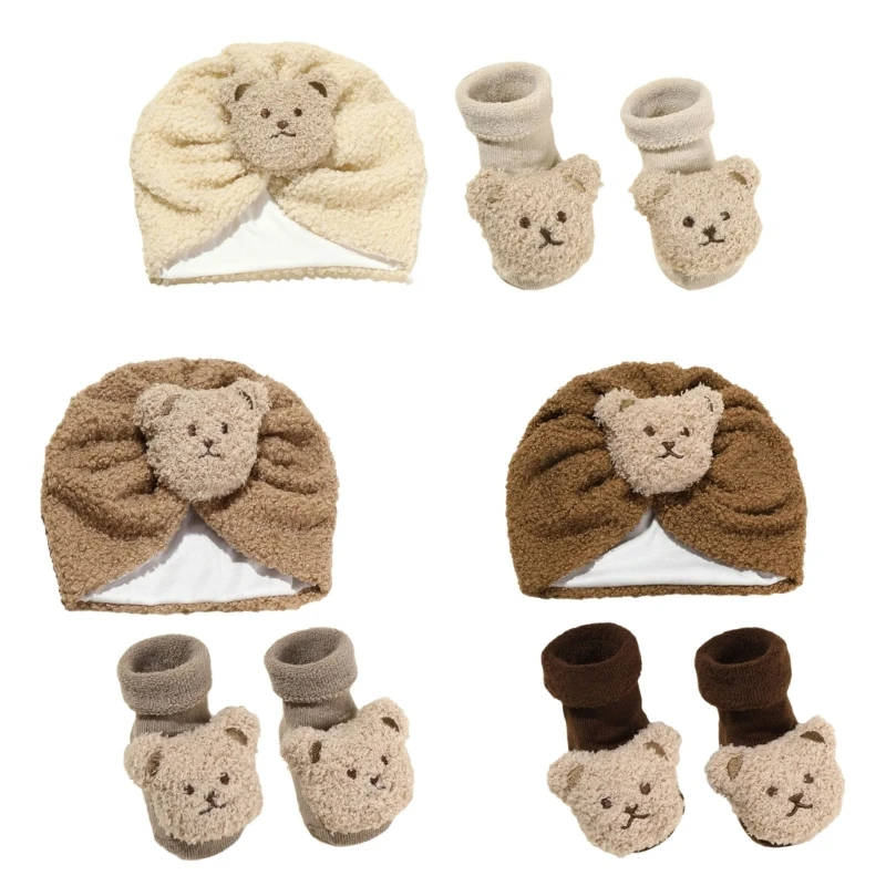 Baby Hat and Floor Socks Set for Infants Lovely Bear Bonnet Caps 2-6M Newborns Turban Hat Lovely Essential Present QX2D