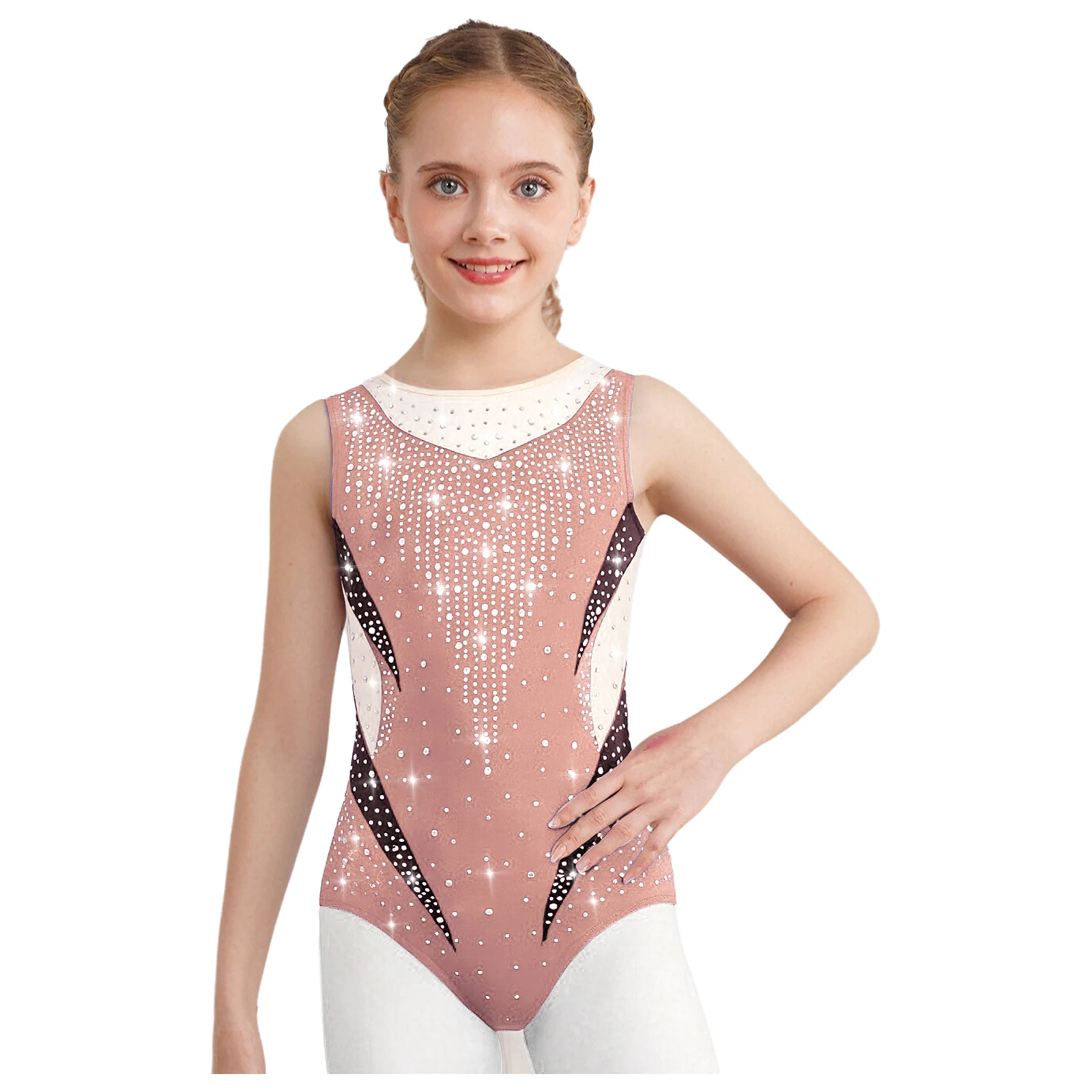 

Kids Girls Ballet Dance Gymnastics Leotards Figure Skating Acrobatics Dancewear Shiny Rhinestones Sleeveless Sheer Mesh Bodysuit