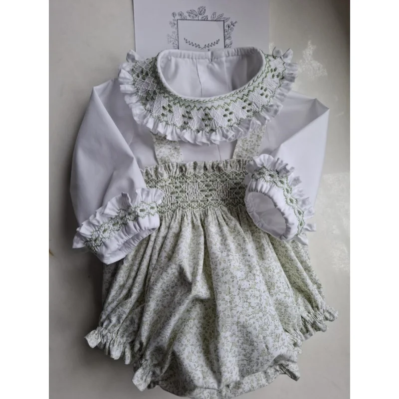 0-6 Year Summer Green Floral Hand Smocked Embroidery Baby Girl Outfit Set for Newborn Birthday Party Casual Photography A345