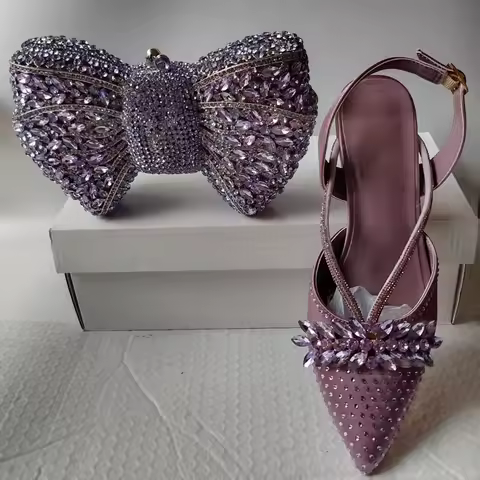 INSIGHTLINK Purple High Heels sandals and Bag Women Gems Dress Shoes Wedding stiletto Sandals Lady Bride high-heeled Stone Shoes