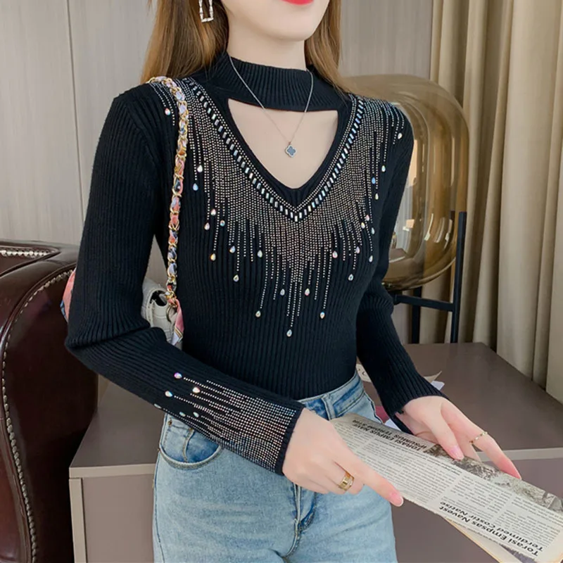 Korea Half-High Collar Hollowed-Out Diamond Mesh Long-Sleeved Women\'S Autumn Bottoming Fashion Knitted Sweater