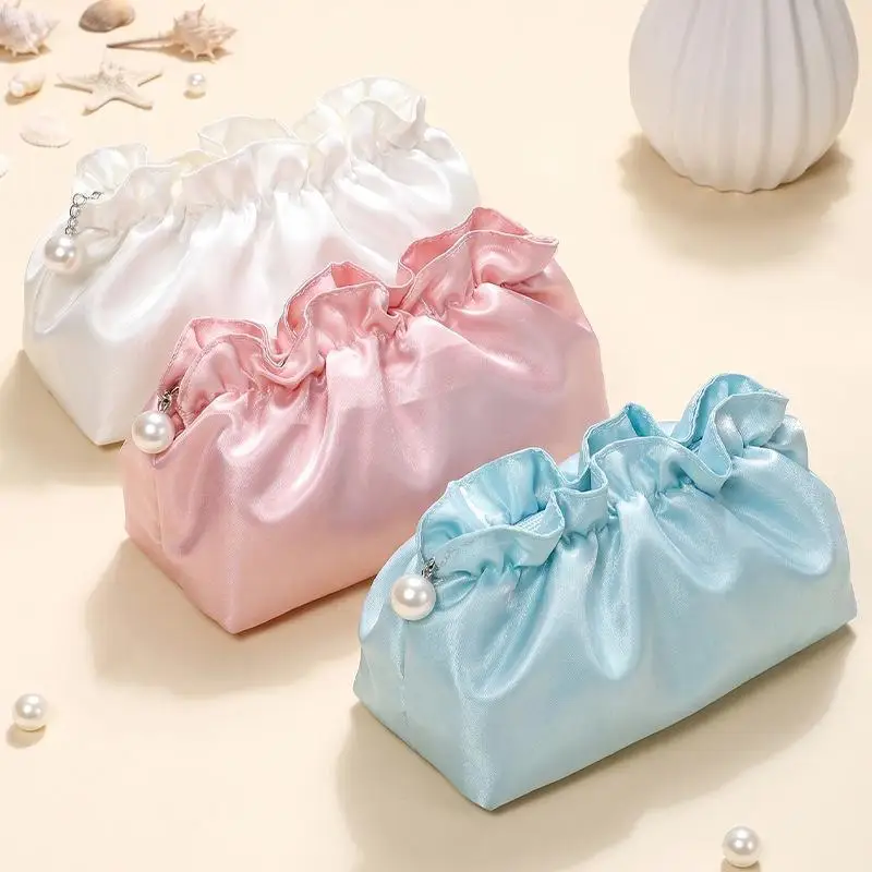 Portable Polyester Makeup Bag Cloud Shape Drawstring Closure Cosmetic Pouch Shiny Surface Large Capacity Travel Organizer Daily