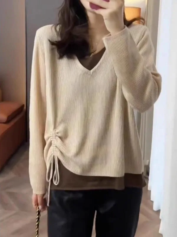 

plus Size Women's Knitted Sweater Fake Two-Piece Loose Slimming Base irt Korean Sle V-Ne Long Sve Autumn Faion