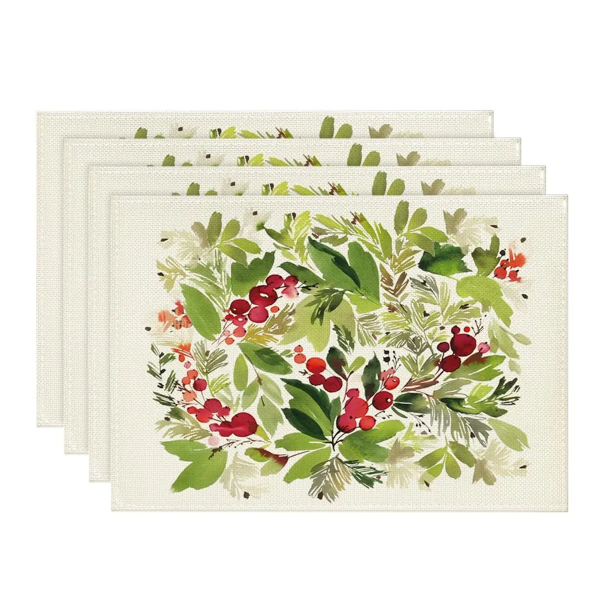 

Watercolor Holly Christmas Placemats Set of 4, 12x18 Inch Seasonal Winter Xmas Holiday Table Mats for Party Kitchen Dining Decor