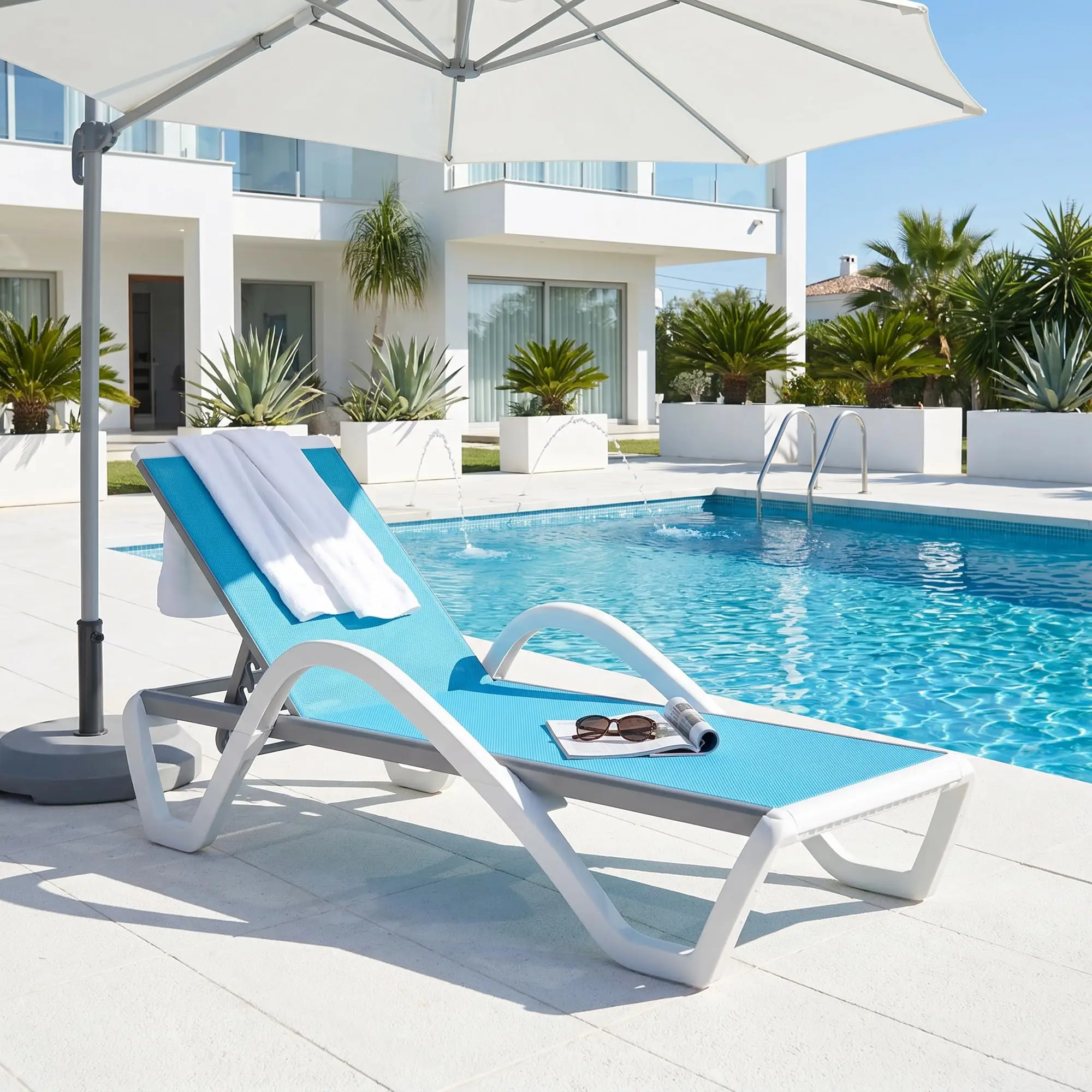 Patio Chaise Lounge Set of 3 with Table Plastic, Turquoise Blue | 6 Reclining Positions, Stackable Design, PP Material