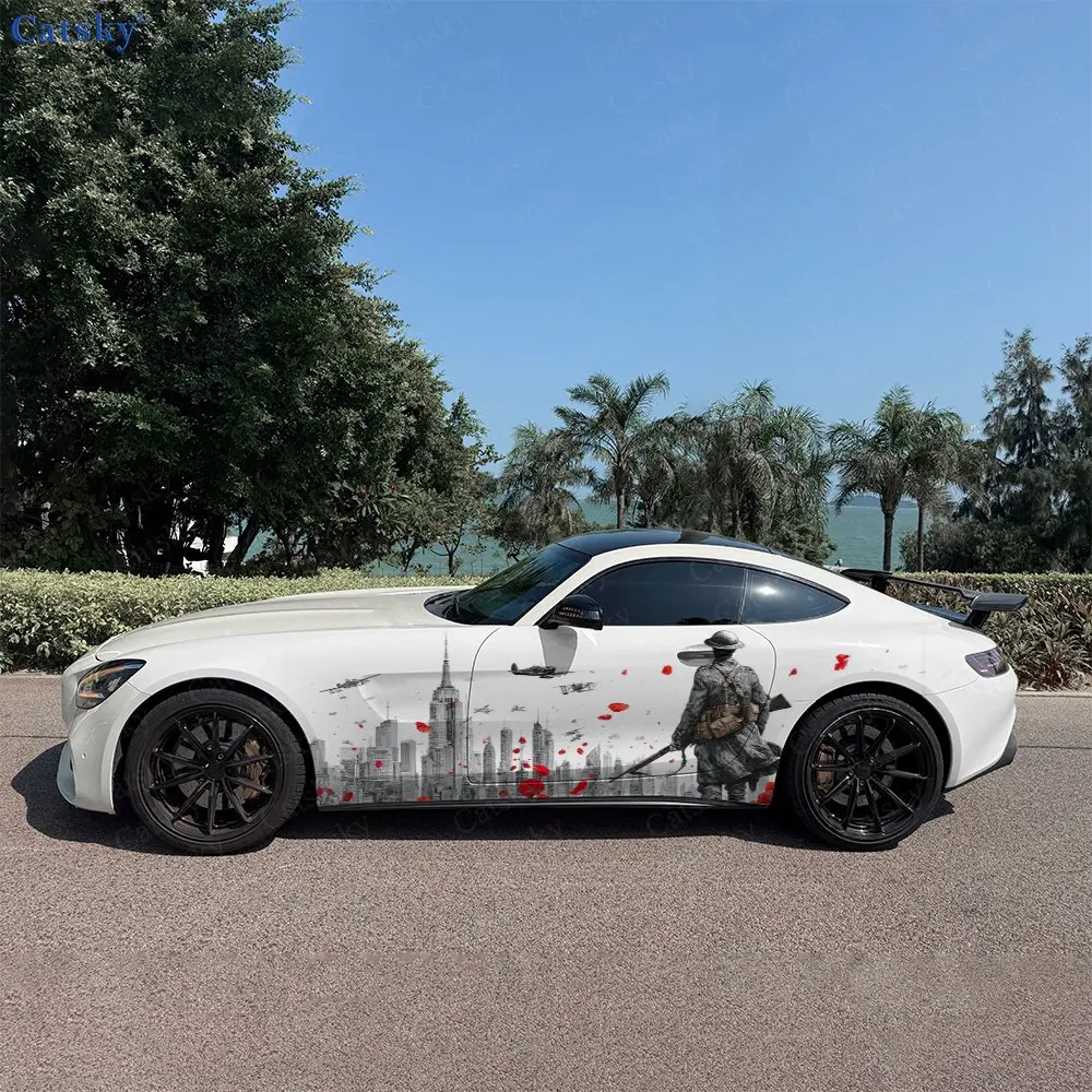 

War Soldier, Red Poppy Flower Car Side Wraps, Self-Adhesive PVC Waterproof & Scratch-Resistant Stickers, Car Accessory Gift