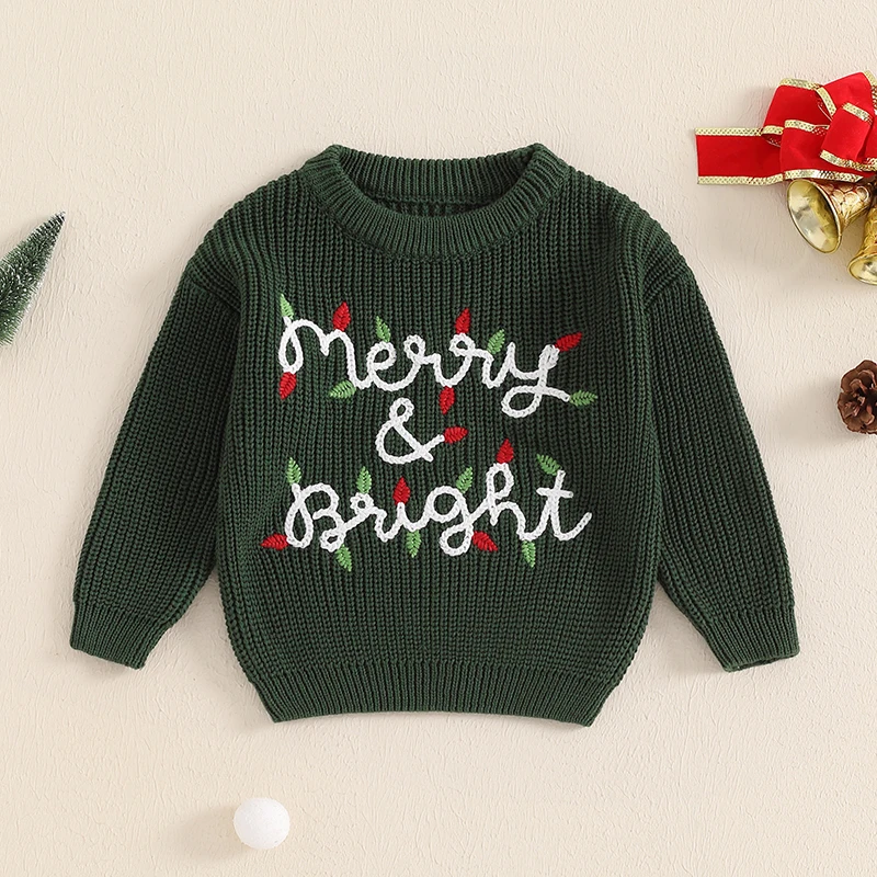 Toddler Baby Girls Boys Christmas Letter Embroidery Sweaters Long Sleeve Crew Neck Winter Warm Knitwear Pullover Jumpers Top