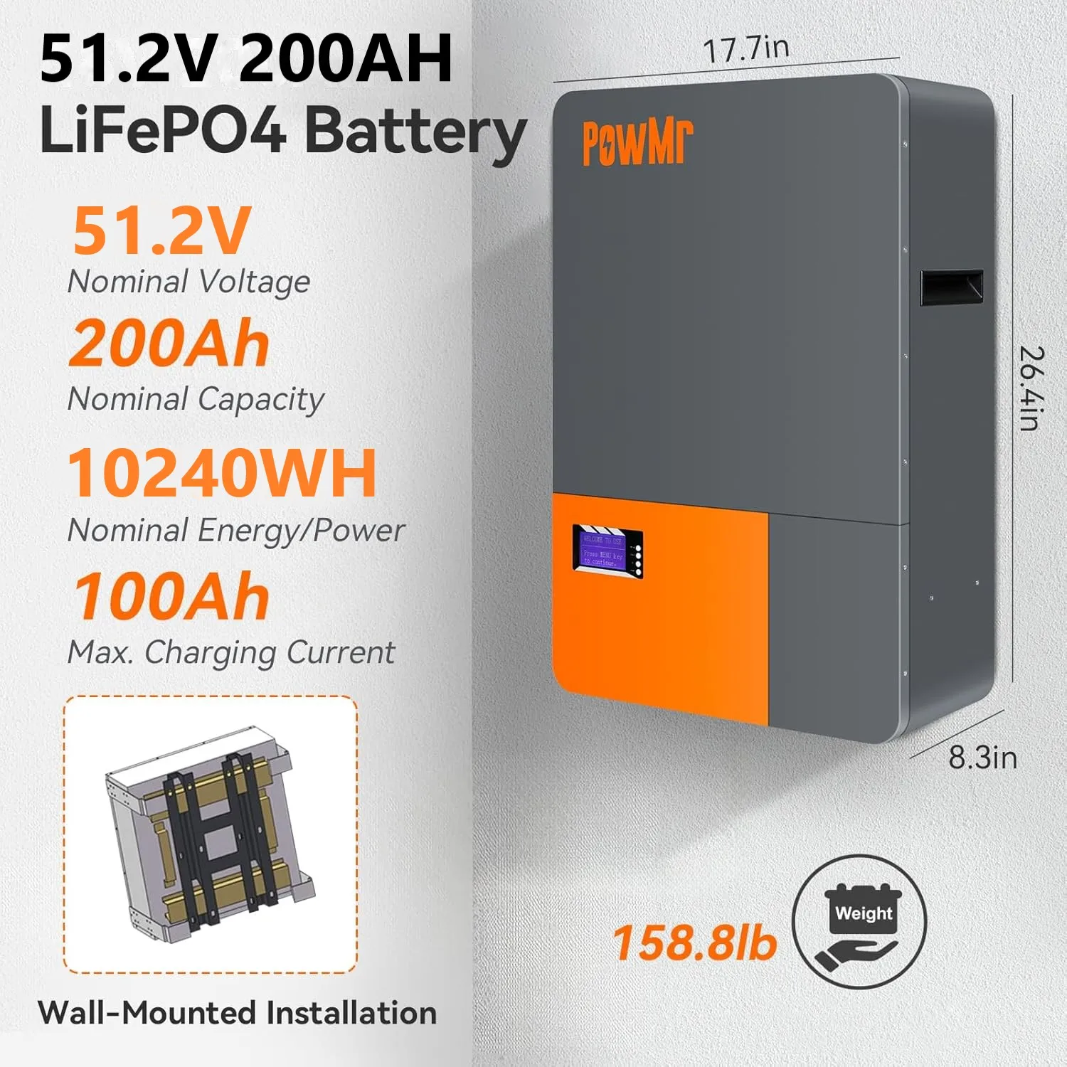 PowMr 51.2V 200Ah Powerwall LiFePO4 Lithium Battery 10.24KWh Wall Mounted Built-in BMS 16S Off-Grid Solar Energy Storage System