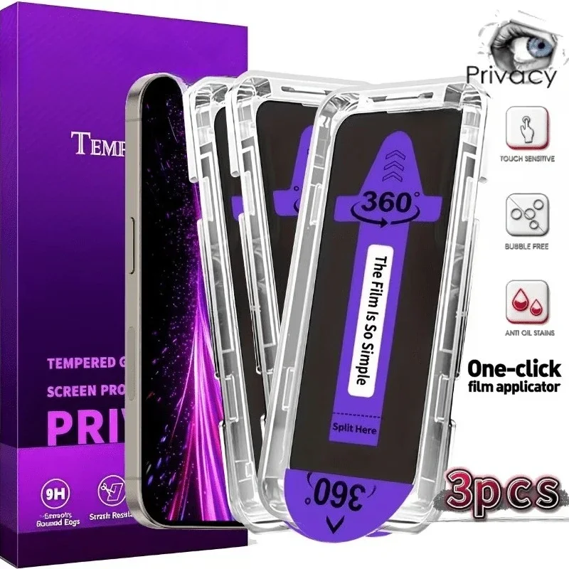 3pcs 360° Anti-Peeping Tempered Glass Screen Protectors, Suitable for Iphone 18 Pro Max/18 Pro/17/16/15/14/13/12/11,Dust-Proof