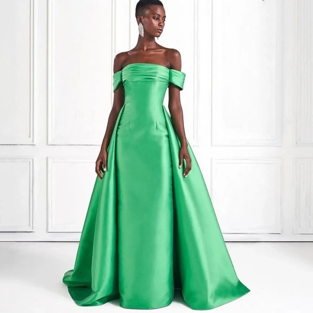 

Customized Yipeisha Simple Light Green Satin Beauty Gala Gowns Off the Shoulder With Watteau Train Sheath Floor Length Formal Pa