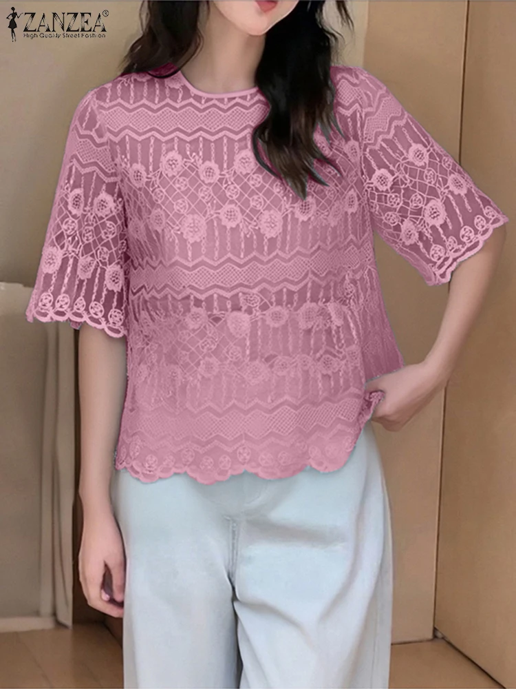 ZANZEA 2025 Camicetta di pizzo estiva Donna Mezza manica Camicie patchwork casual Moda elegante Office Lady OL Top Tunica Blusas allentate