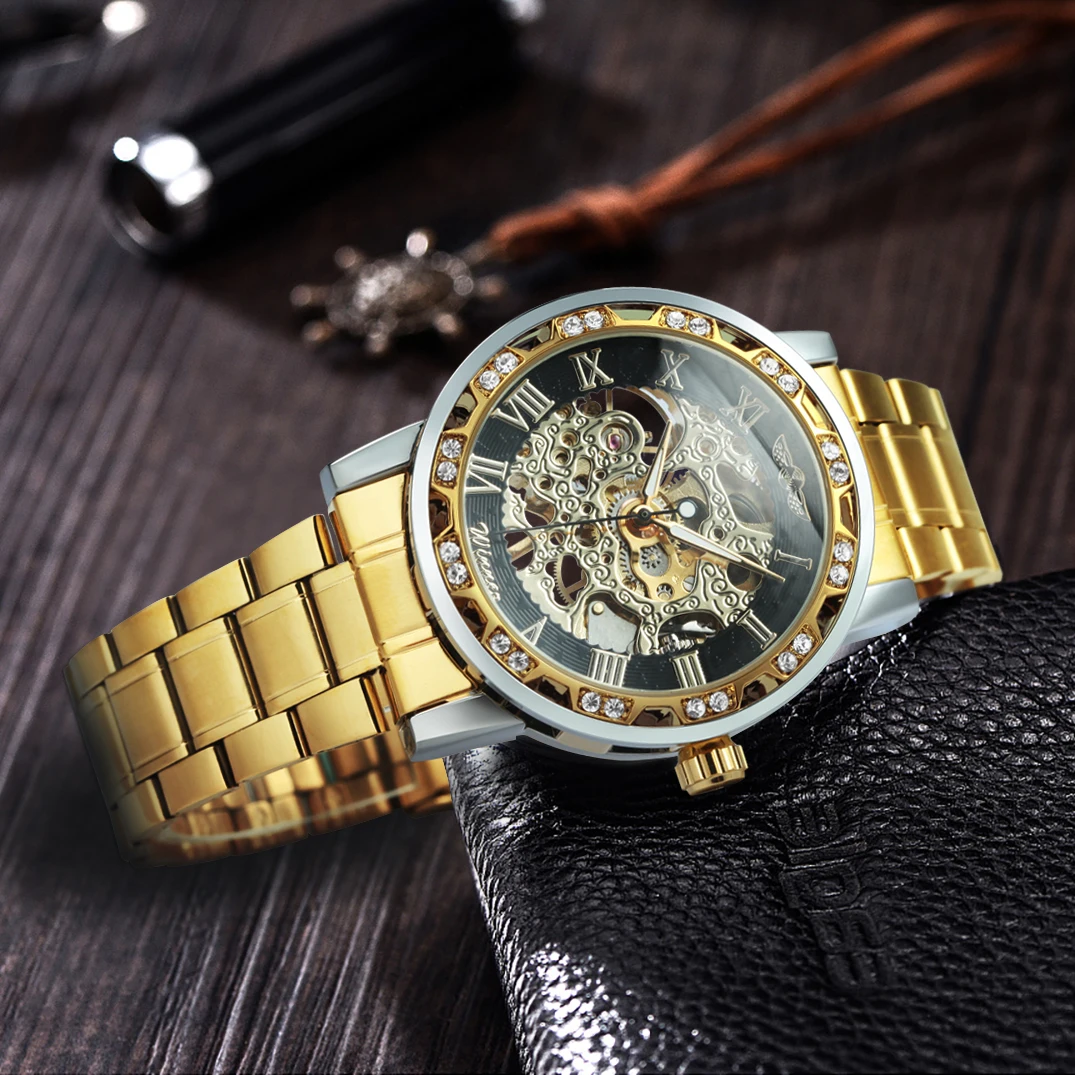 WINNER Retro Gold Mens Watches Top Brand Luxury Mechanical Watch for Men Stainless Steel Strap Business Skeleton Watch Luminous