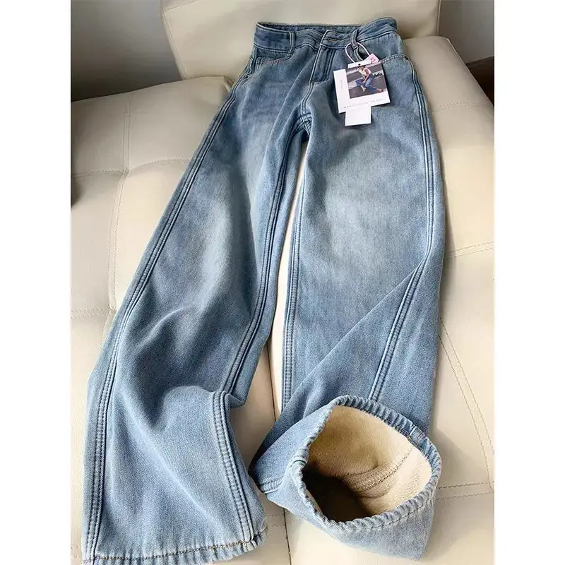 

Popular Velvet Straight Jeans Women's 2025 Autumn and Winter Light Blue Loose and Thin Versatile Thickened Wide-leg Pants