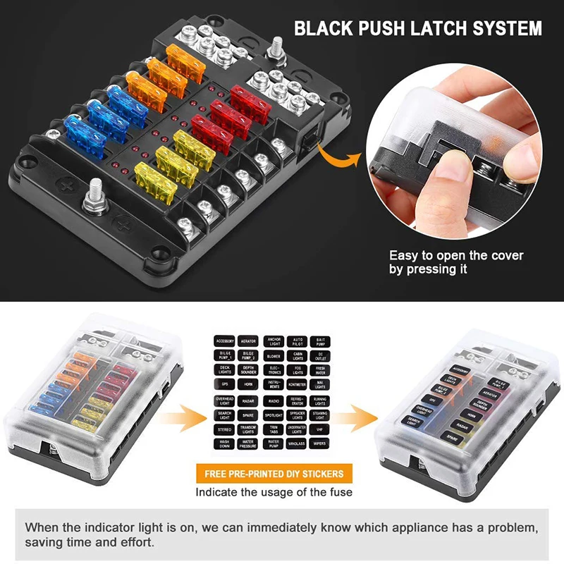 Car Boat  Fuse Box Holder With 12 Way Blade Fuse Holder Block & Warning Indicator  12V~24V Power Distribution Panel Board