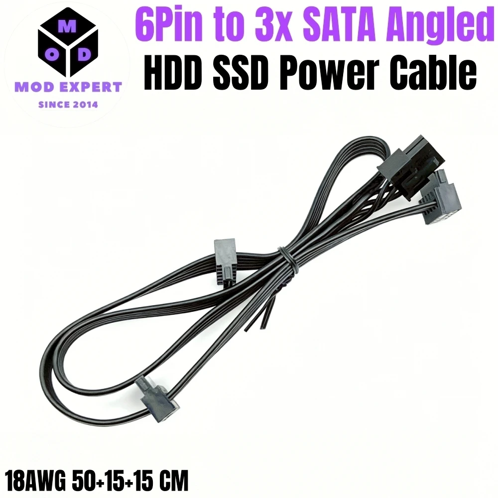 

6Pin to 3x SATA Right Angle, HDD SSD Power Cable for Corsair RM1200e, RM1000e, RM850e, RM750e Type 4 Modular Powers, 50+15+15 CM