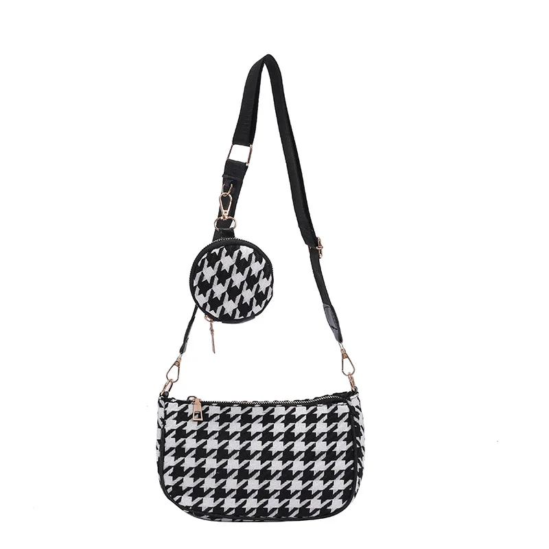 Female Vintage Plaid Printing Shoulder Bags with Mini Round Purse Pendant Women Bags Casual Small Crossbody Bags 2pcs Composite