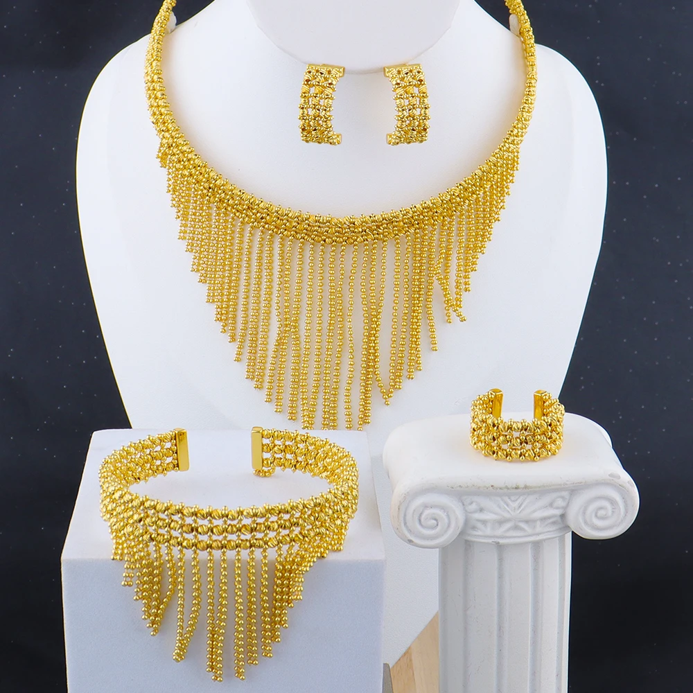 

Luxury Gold Plated Necklace Earrings Ring Bracelet Jewelry Set for Women Man Dubai Tassels Design Jewelry Gift for Party Wedding