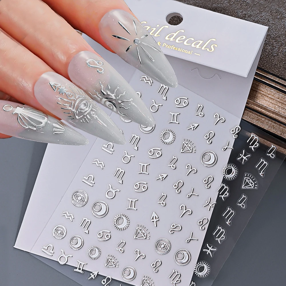 1 folha de prata carimbo quente estilo grego decalques do prego signos do zodíaco starburst lua adesivos de unhas triângulo metálico olhos manicure nks
