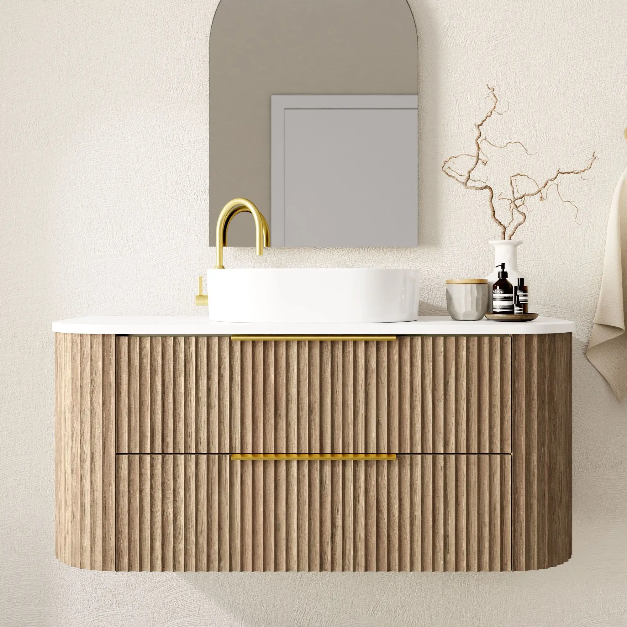 

Custom Luxury Fluted Design Quartz Counter Top Double Sink Bathroom Cabinet Vanities With Smart Mirror