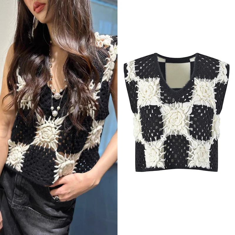 

Ele V-Ne Color Blo Knitted Vest Svel Hollow out Faionable Small Fraance Sle High-End Version Women's Top