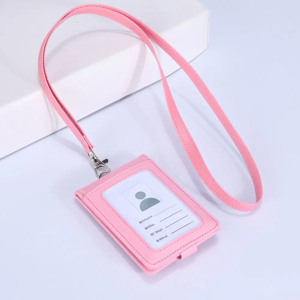 PU Leather Work Card Holders With Lanyard Solid Color Name Badge Holder Identity Badge Credit Card ID Card Cover Bank Bus