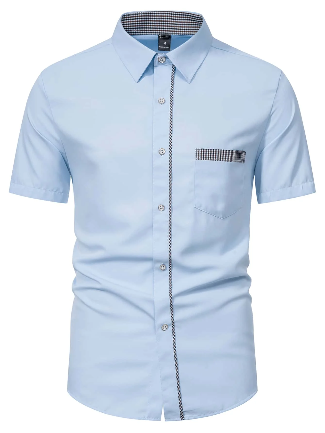 

Men's Light Blue Short Sleeve Button-Up Shirt with Contrast Plaid Trim