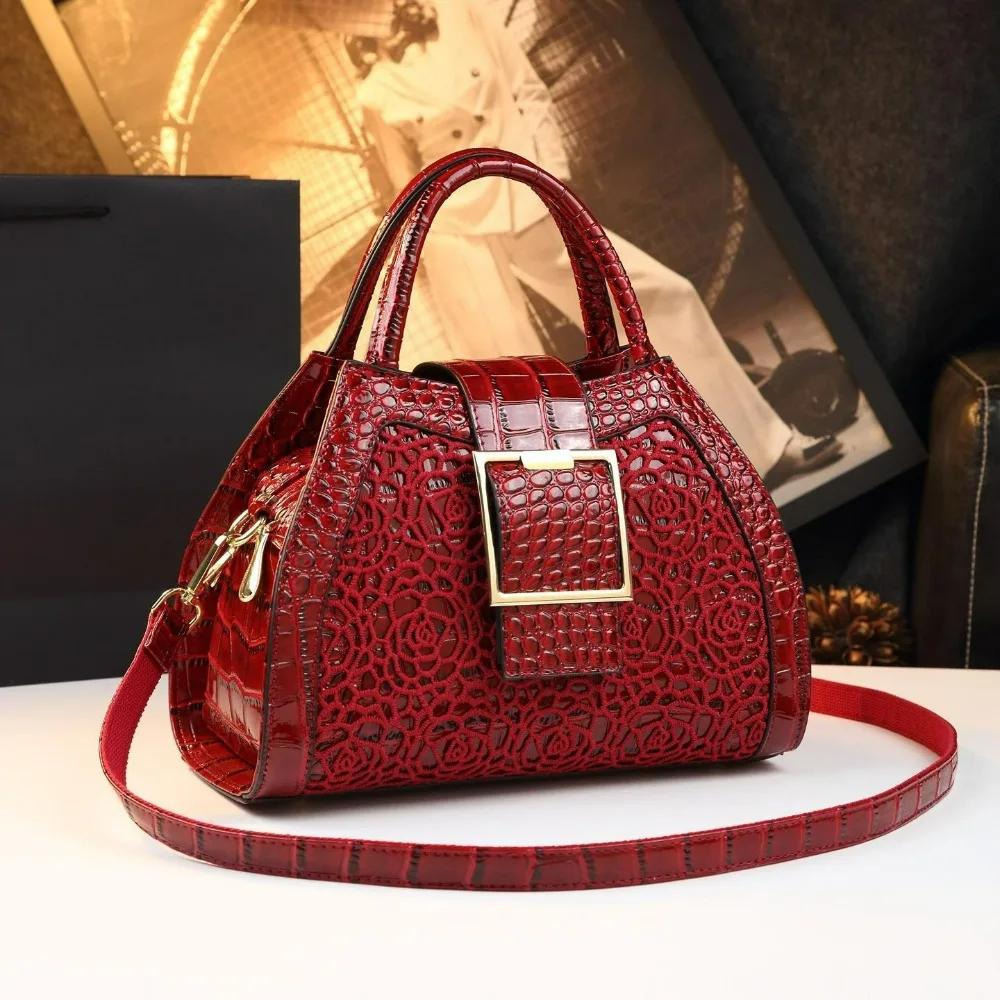Metallic Gold Crocodile Pattern Rose Lace Satchel, Elegant Hollow Flower Top Handle Bag, Gold Square Buckle Shoulder Purse