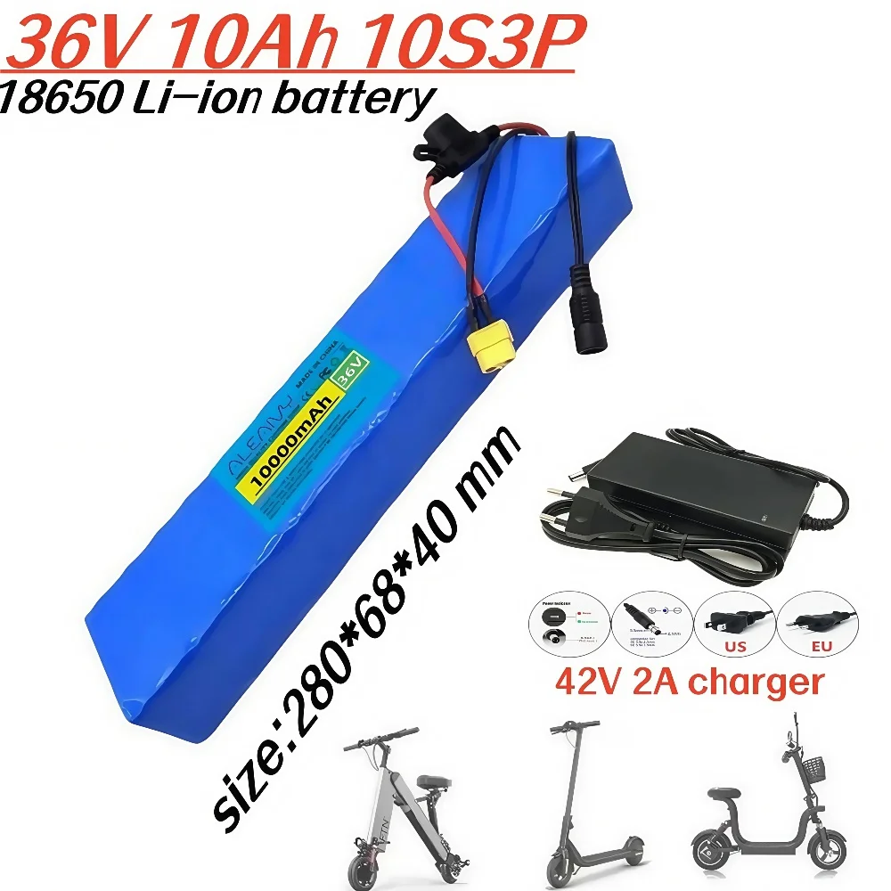 

36V 10000mAh 18650 Lithium Ion Battery, 10S3P for 36V Electric Scooter with BMS XT60 + DC /T + DC integrated belt charger.