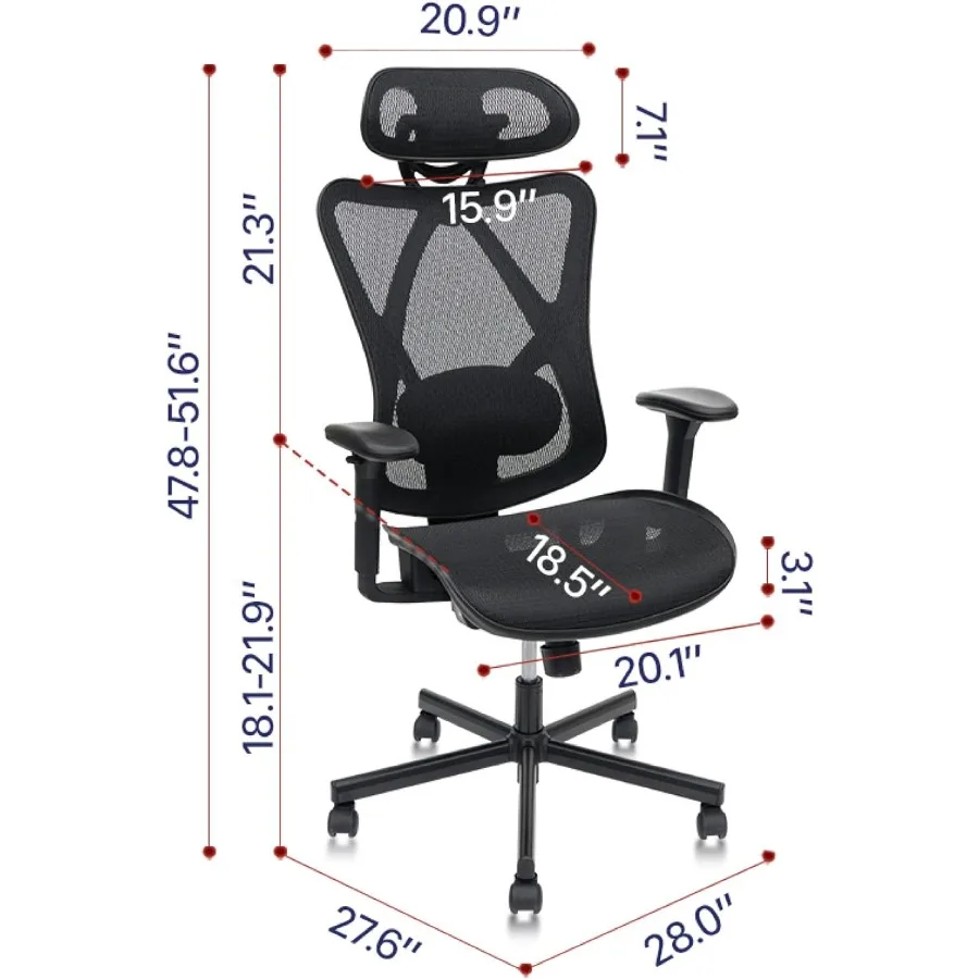 Silla de oficina de malla, sillas de oficina ergonómicas con ruedas, soporte Lumbar ajustable, reposabrazos, reposacabezas, respaldo alto inclinable, silla de escritorio con