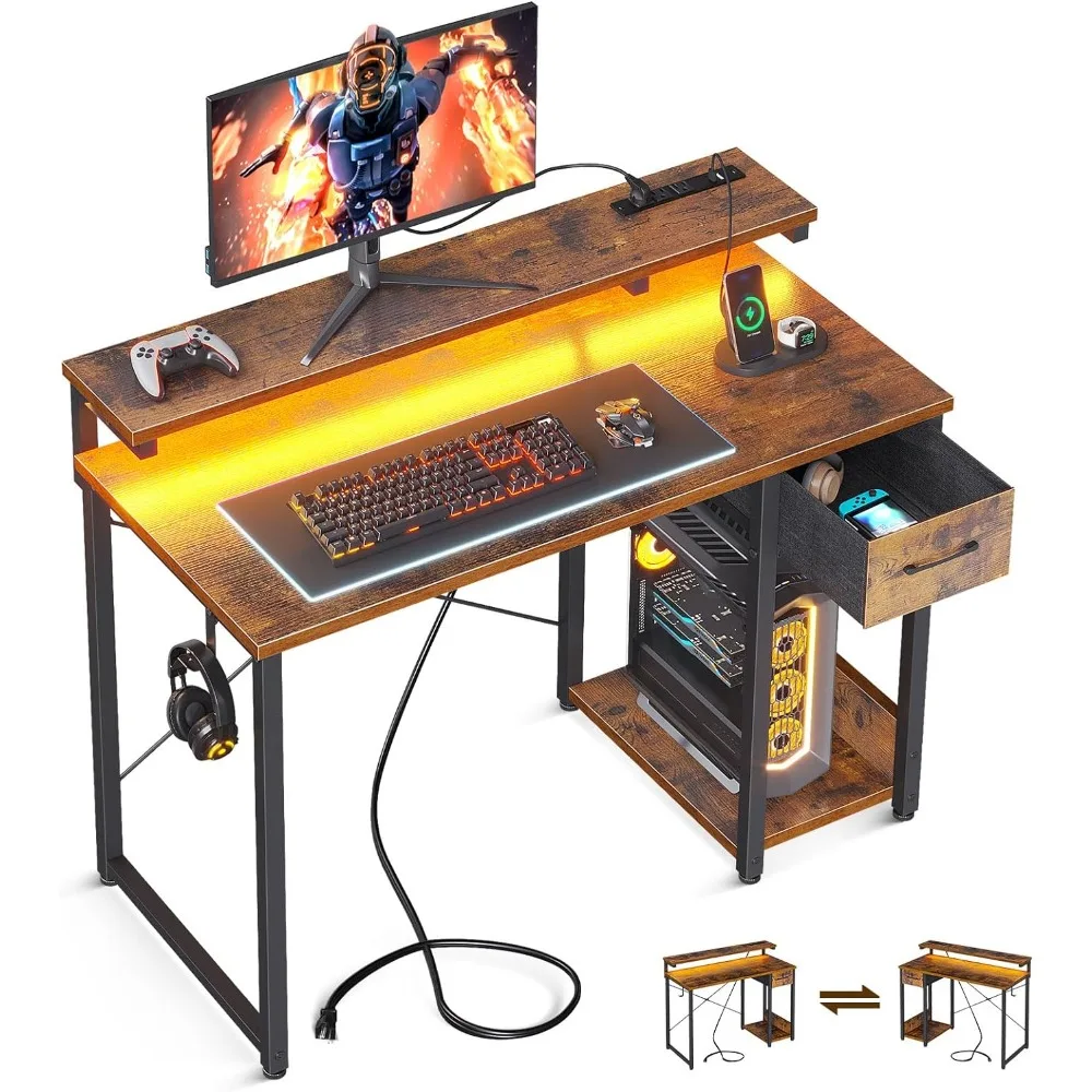 

With Power Socket and LED Light Strip Writing Desk Organizer 40-inch Home Office Desk With Adjustable Monitor Stand Room Desks