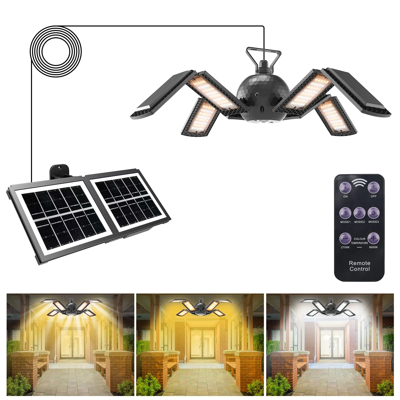 Solar Light Indoor Outdoor with 1100LM 320LED IP65 Waterproof Solar Pendant Foldable Light with Remote & 3 Lighting for Garden