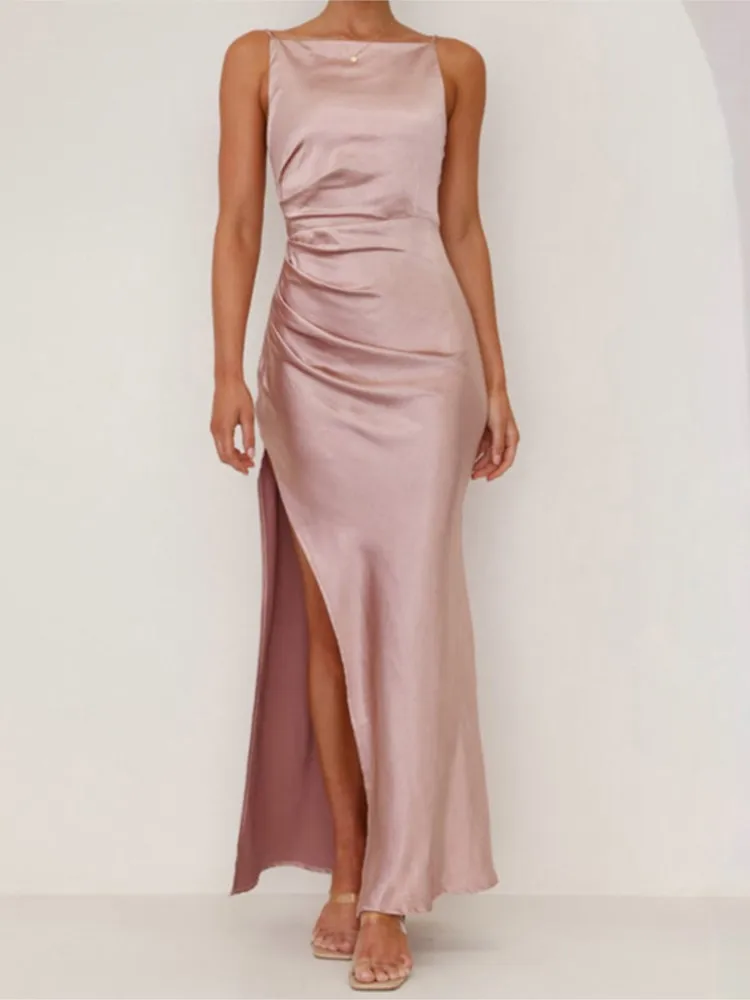 

Sexy Backless Split Mid Length Dress For Spring Summer Women's Clothing New Solid Color Sleeveless Camisole Dress For Women