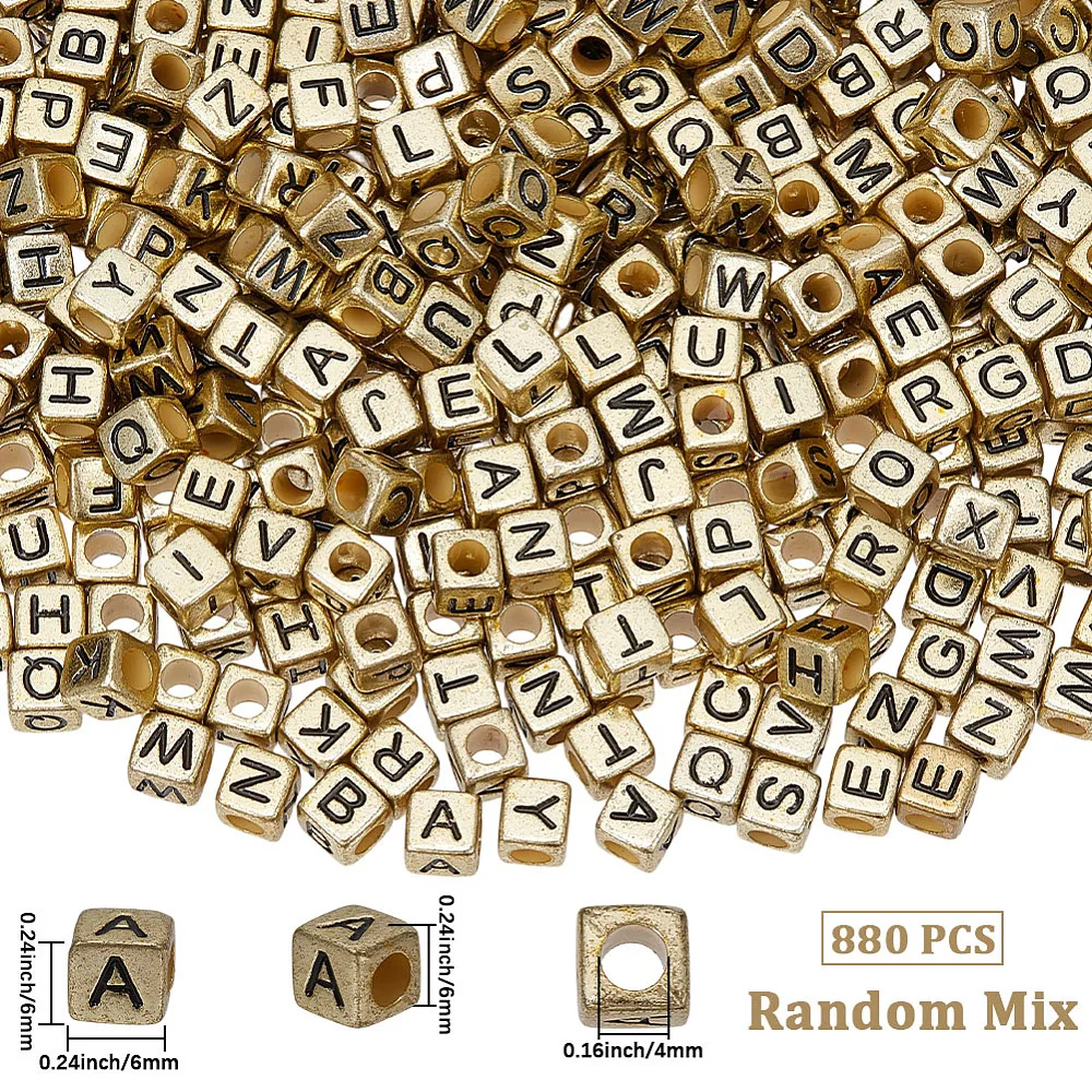 1Box 880PCS 6MM Gold Square Letter Beads Acrylic Golden Plated Cube Large Hole Alphabet A-Z Plastic Loose Spacer Bead Charm Bulk
