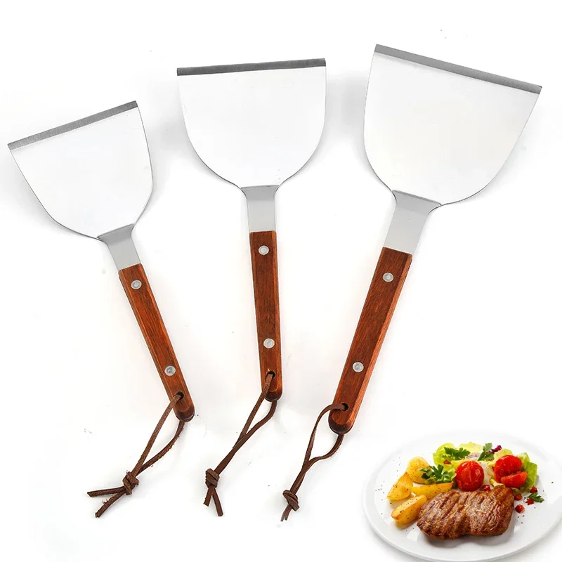 Espátula para freír carne de acero inoxidable de 3 tamaños, volteadores de tortitas de pescado y huevo, mango de madera, pala especial, utensilios de cocina