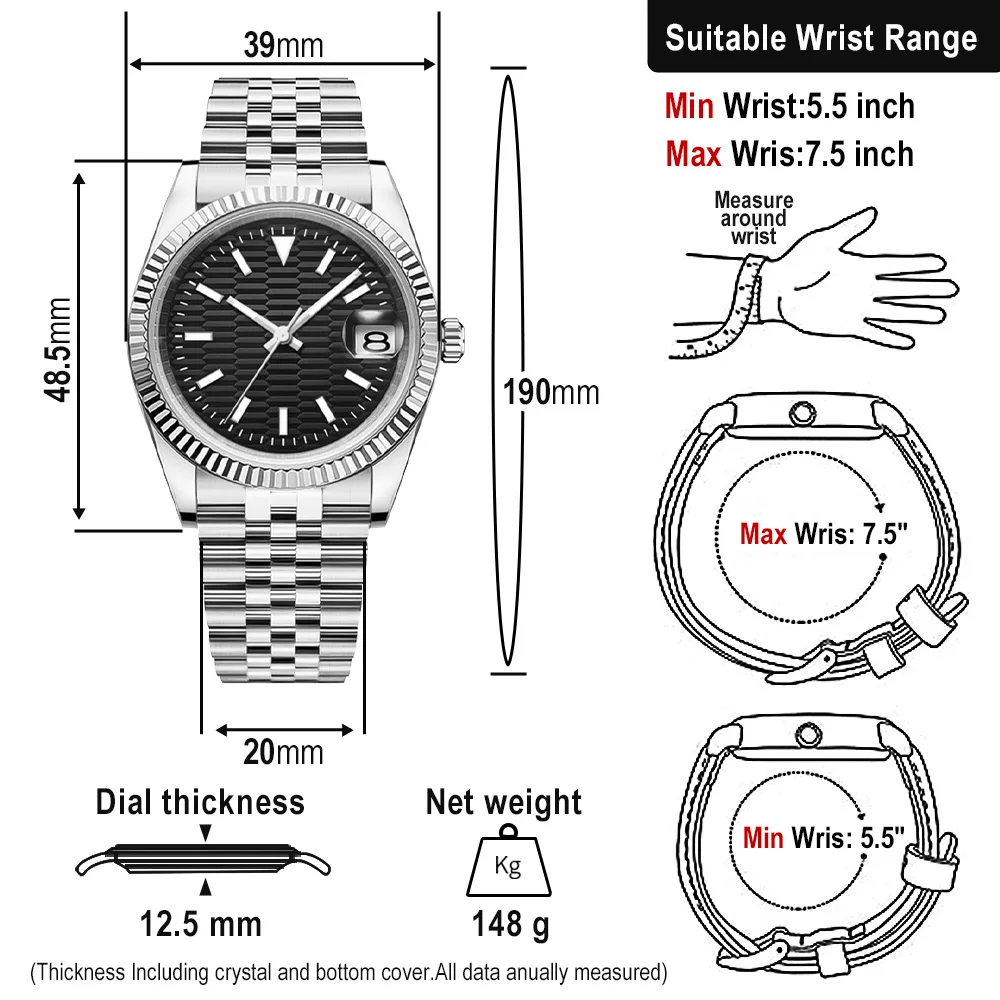 MERY Automatic Mechanical Watches Mens 39mm NH35 Sapphire Glass Waterproof Luminous Date Business Dress Casual Luxury Watches