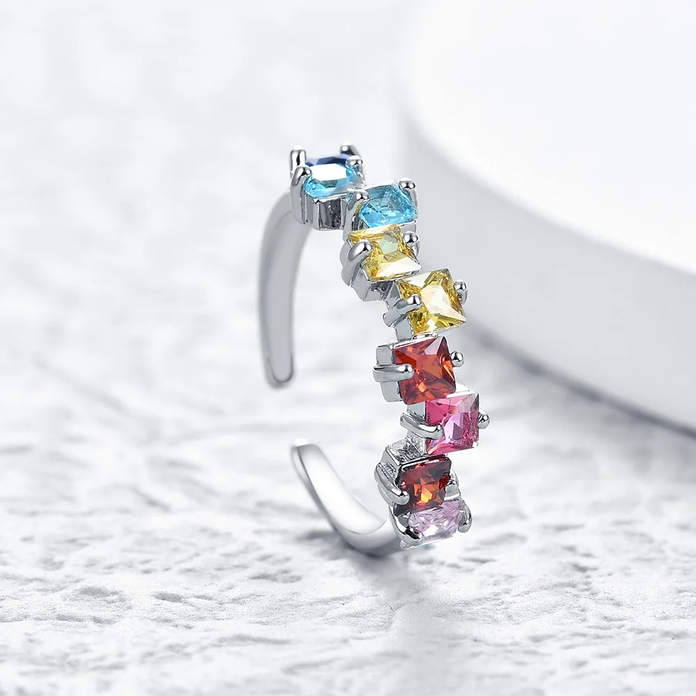 

2025 Blue Red Multi-Colored Zircon Open Finger Rings for Women High Quality 925 Sterling Silver Rings Wedding Jewelry Gift