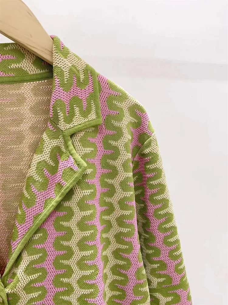 

Женский трикотажный костюм, однобортный Кардиган контрастных цветов с отложным воротником и коротким рукавом или прямые длинные брюки с поясом на резинке