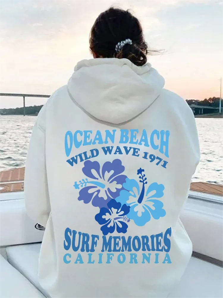 Ocean Beach Wild Wave 1971 Letter Print Hoodie, Drawstring Casual Hooded Sweatshirt for Fall & Spring, Women's Clothing