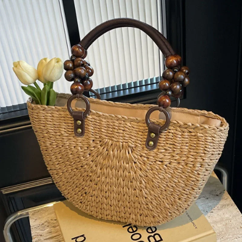 2024 New Handmade Grass Woven Women Bag with Wooden Bead Handle Half Round Beach Style Tote Bag Women Handbag