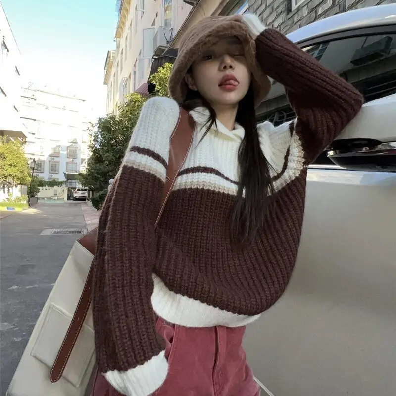 

Women's Sweater Autumn and Winter Vintage Color Block Polo Collar Sweater Women Loose Knitted Pullover Tops Casual Long Sleeve