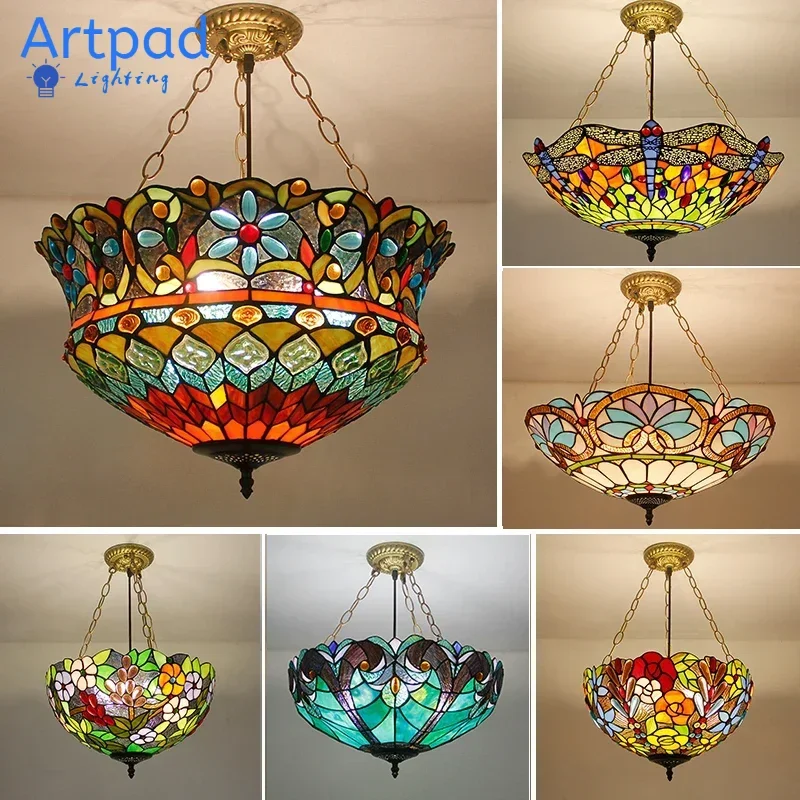 

Tiffany Stained Glass Lampshade Pendant Lights Vintage Hanging Lamp for Dining Room Kitchen Light Fixtures Home Art Decoration