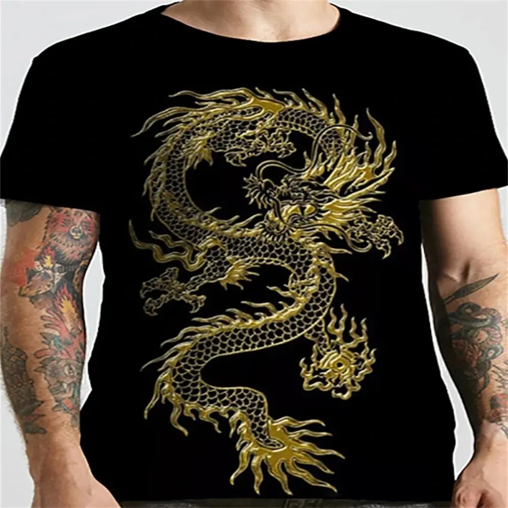 2024 New Summer Men\'s Round Neck Tops T-shirt Oversized Evil Dragon Print Pattern T-shirt Street New Fashion Short-sleeved Tops