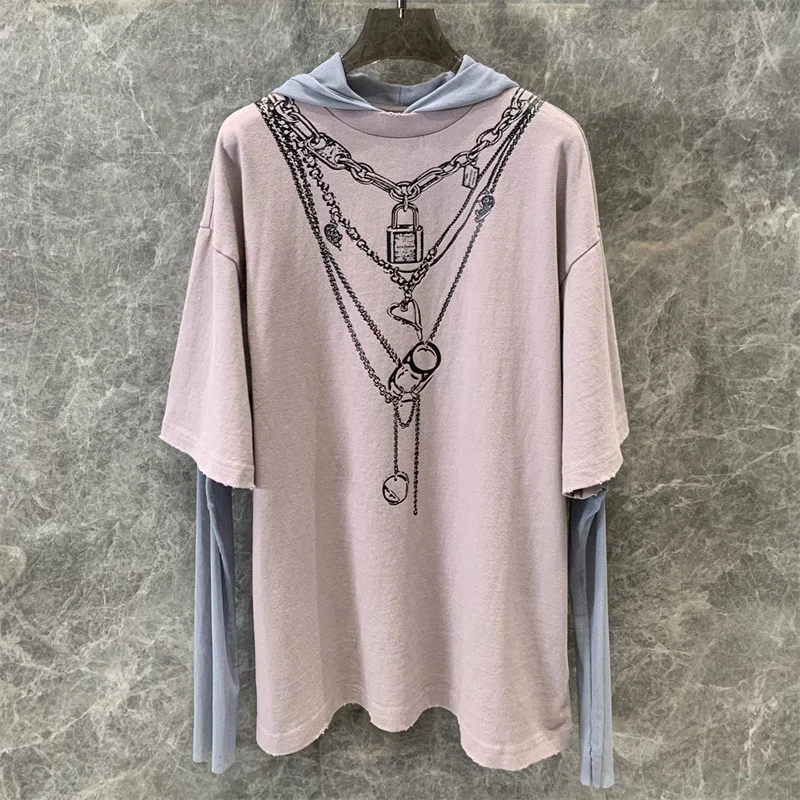 T-shirt 2024 Summer New Fashion Printed Round Neck Long sleeved Top Mesh patchwork elastic pullover Couple style hoodie knitwear