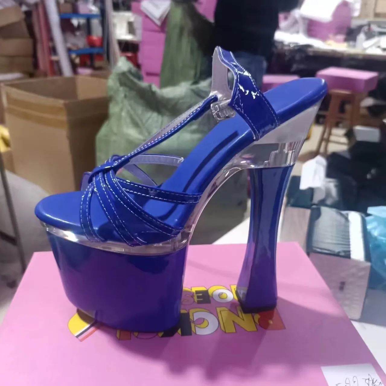 Square Heel Sexy Princess Comfy Sandals Summer Banquet 18cm high heel 7 inch ankle buckle shoes