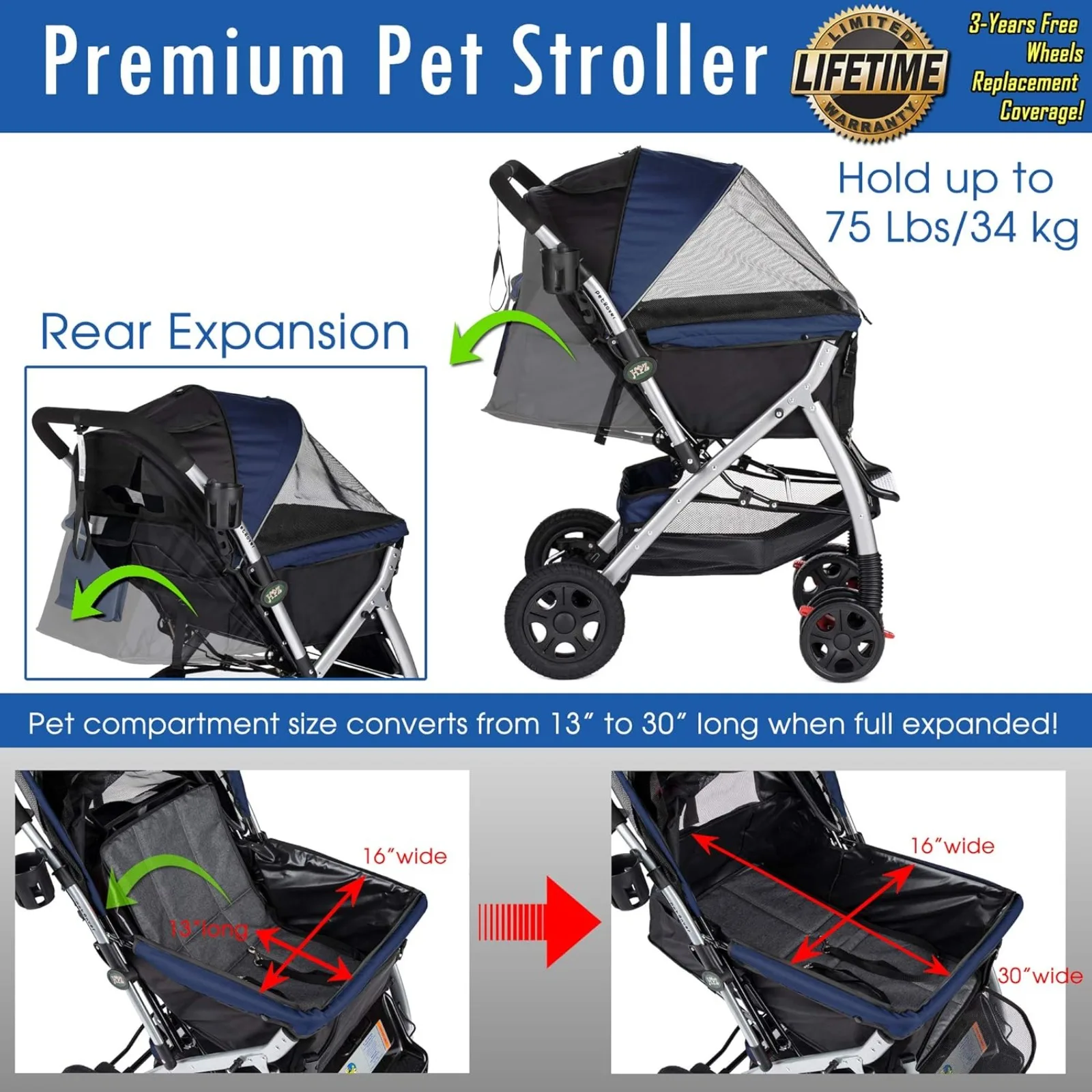 US Pet Rover Premium Heavy Duty Dog/Cat/Pet Stroller Travel Carriage With Convertible Compartment/Zipperless Entry/Reversibl